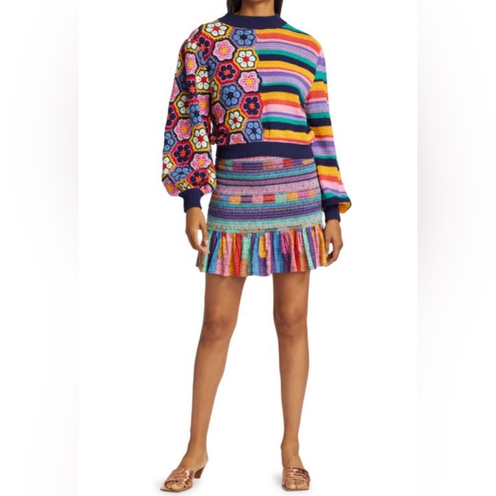 Farm Rio Revolve Anthropologie Women’s Smocked Embroidered Stripe Mini Skirt XS